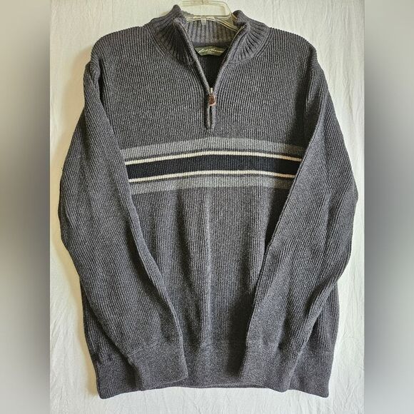 Eddie Bauer Sweater Men's XL Gray Mock Neck 1/4 Zip Pullover Ribbed Cotton EUC - Picture 1 of 7